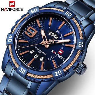 NAVIFORCE นาฬิกาแบรนด์หรูผู้ชายกีฬาเต็มรูปแบบเหล็กนาฬิกาควอตซ์ผู้ชายนาฬิกากันน้ำทหารข้อมือ