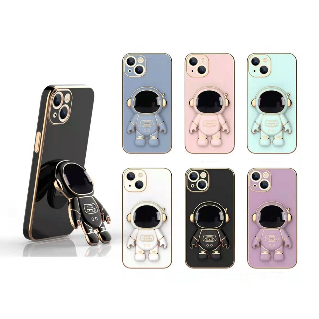 Oppo A83 A57 2022 F1s F5 F7 Reno 2 2F 2Z 4 4Z Z F Reno2 Reno4 4G 5G Cute Cartoon Space Astronaut Stand Plating Straight Edge Fine Hole Lens Protection Shockproof Soft Thin Phone Case MMT 07