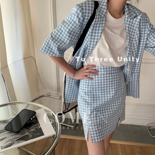 Gingham blazer w/t skirt set #preorder