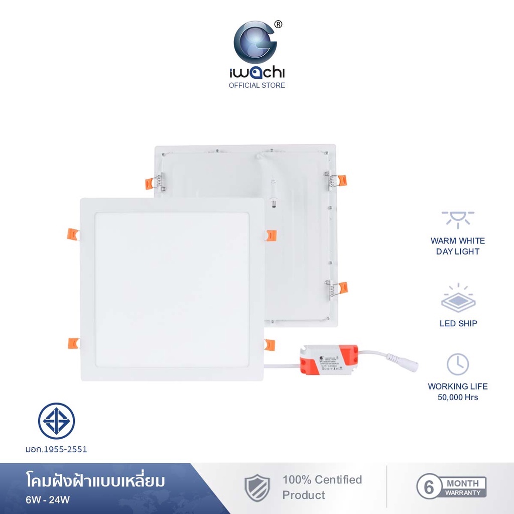 IWACHI โคมฝังฝ้าทรงเหลี่ยม LED Panel Light 6W/9W/12W/18W/24W แสงขาว