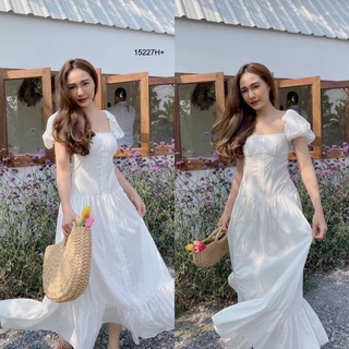 Maxi Dress แม็กซี่เดรสแขนตุ๊กตาแต่งพลีท ผ้าไหมอิตาลี่ ชายเดรสแต่งระบายรอบ  AP15227