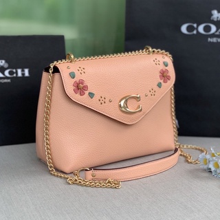 🎀(สด-ผ่อน) กระเป๋าสีชมพีช COACH CA145 COACH TAMMIE SHOULDER BAG IN SIGNATURE CANVAS WITH FLORAL WHIPSTICH