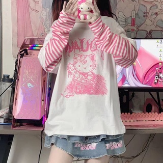 เสื้อยืดแขนยาวลําลอง ทรงหลวม ลาย Hello Kitty สไตล์ญี่ปุ่น สําหรับผู้หญิง และนักเรียน 2022