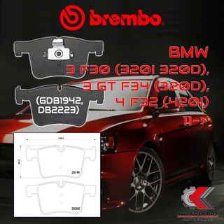 ผ้าเบรคหน้า BREMBO BMW SERIES3 F30 (320i 320d), 3 GT F34 (320d), 4 F32 (420i) ปี11-&gt; (P06075B/C/X)