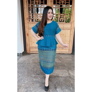 NNandNN Shop 1 0031 เดรสยาวคอกลม แต่งเอวระบาย ฟ้า หลายขนาด