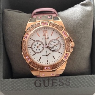 GUESS Womens U0775L3 Sporty Rose Gold-Tone Stainless Steel Watch with Multi-function Dial and Pink Strap