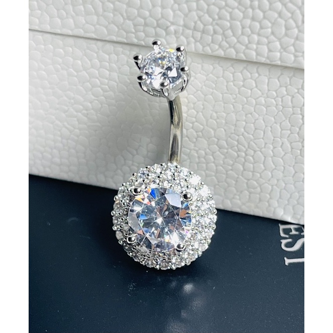 ราคา1ชิ้น จิวสะดือเพชรรัสเซียหรูหราสวยงามมาก ก้านสแตนเลสแท้ขนาด 1.6mm.ตัวเรือนเพชรหุ้มทองคำขาวหัวเพชร5mm.ฐานเพชร13mm.