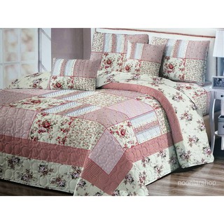 kks 23810 ชุดผ้าคลุมที่นอน ผ้าคลุมเตียง 8 ฟุต 3 ชิ้น สีชมพูโอรสครีมดอกไม้ ลวดลายโมเสก สี่เหลี่ยม วินเทจ
