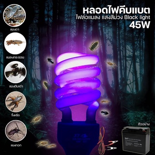 หลอดไฟ ล่อแมลง หลอดไฟแบล็คไลท์ ไฟแสงสีม่วง ไฟล่อแมลง ประหยัดไฟ 45W  แบบคีบแบต DC 12V และ ใช้ไฟบ้าน 220Vขั้วหลอด E27