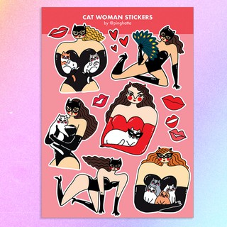 สติ๊กเกอร์แผ่น สติกเกอร์ ไดคัท กันน้ำ ลายนางแมวป่า Cat Woman Sticker Sheet แบรนด์ Chonky Goods by Ping Hatta. Stu