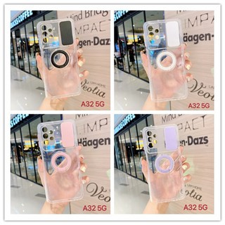 เคส Samsung Galaxy A32 A52 A72 A02S A12 S21 S21Plus S21Ultra S21FE Case ดีไซน์ใหม่ หน้าต่างบานเลื่อน ตัวป้องกันเลนส์นิ่ม พร้อมขาตั้ง โปร่งใส เคส