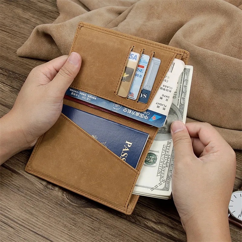 ROYAL BAGGER New Fashion Passport Bag For Men and Women Unisex Grazy Horse Leather RFID Card Holder Travel Clutch Bag Multi-Function ID Package Multifunction Short Wallets Coin Purse #4