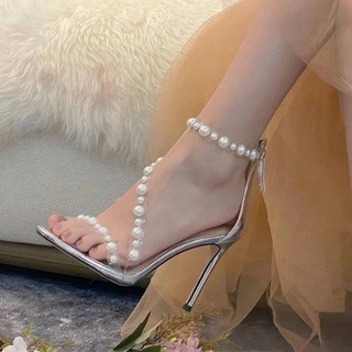 รองเท้าส้นสูงแฟชั่น。ส้นสูง。 Summer New Pearl Fairy -style sandals ตัวละครหญิงที่มีรองเท้าส้นสูงแบบเปิดนิ้วเท้าโปร่งใส