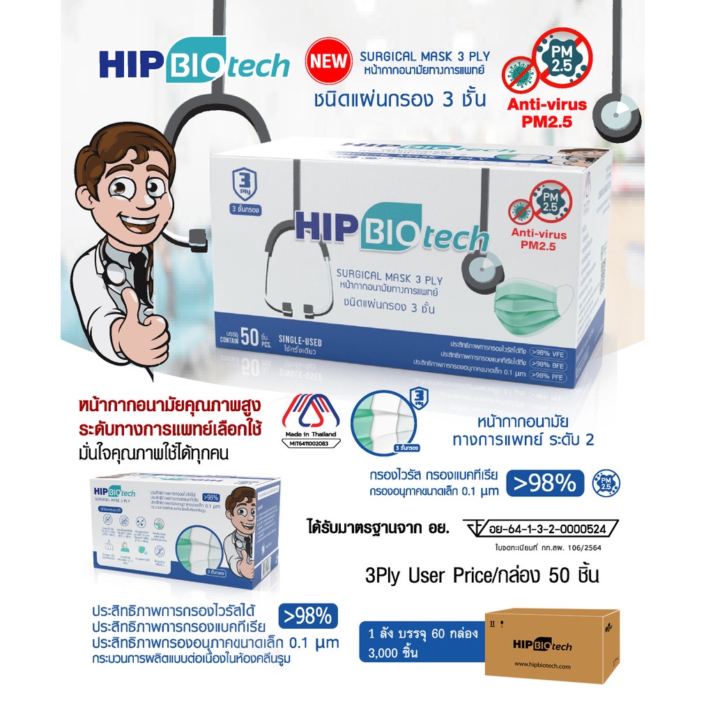 HIP biotech mask หน้ากากอนามัยทางการแพทย์ชนิดยางยืด 3 ชั้น (SURGICAL MASK 3 PLY) กล่อง 50 ชิ้น ASTM F2299-03