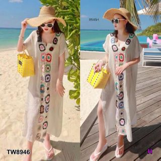 &lt;TW8946&gt;Maxi Dress แม้กซี่เดรสยาว ผ้าสปันดีเทลแต่งลายปักด้านหน้ายาวลงไปถึงชายเดรส