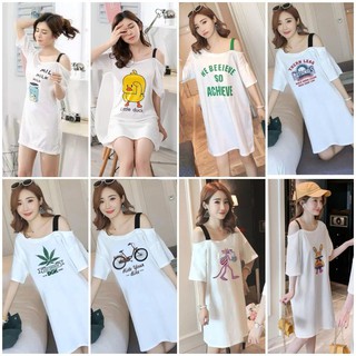 🌷KOREA🌷ชุดเดรส เสื้อยืด เปิดไหล่ (M-2XL) มีหลายลายให้เลือก แฟชั่นเกาหลี พร้อมส่ง