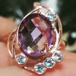 แหวนอเมธิสต์แท้ ทำสีพิ๊งโกลด์ เงินแท้925 Size 8 (Natural Amethyst Ring)