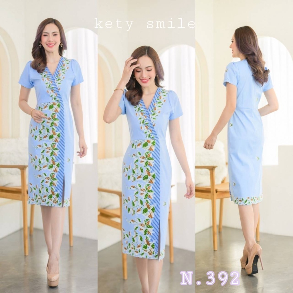 Kety Smile เดรสผ้าคอตต้อนพิมลายปาเต๊ะจาวา ผ่าหน้า อัดกาวสีฟ้าสีเดียว (S-2XL) N392