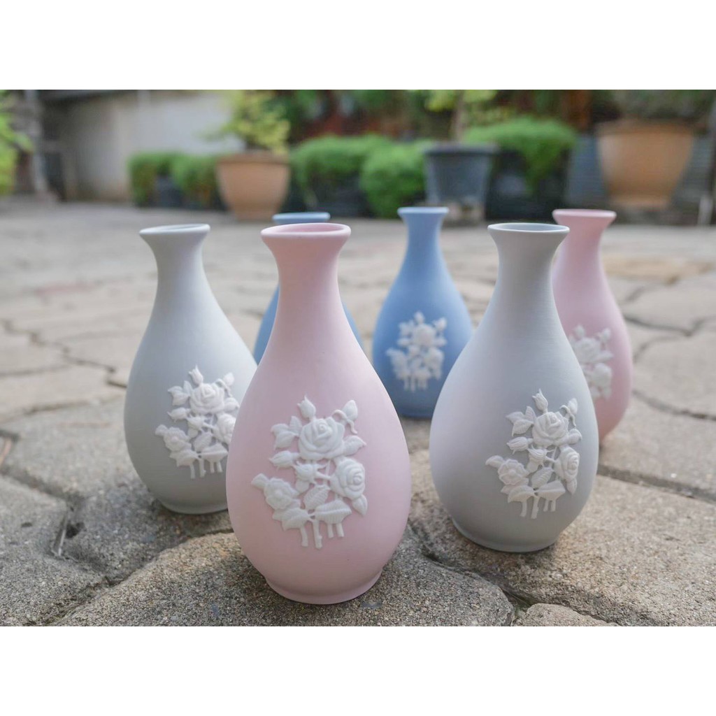 🧸ขายเป็นคู่🧸 แจกัน เซรามิค สีชมพู แนว wedgwood สูง 13 เซนติเมตร ceramic ceramics เซรามิก แจกันเซรามิ
