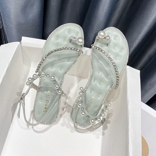 🔥 35-40 แฟชั่น rhinestone ไข่มุก set-toe รองเท้าแตะส้นแบนเวอร์ชั่นเกาหลีอารมณ์นางฟ้าลมหนึ่งคำหัวเข็มขัดรองเท้าแตะชายหาด