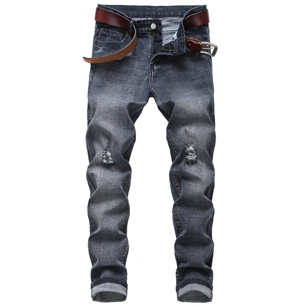 Source autumn and winter mens perforated Stretch Jeans Black Grey