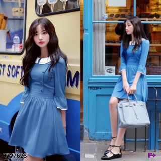 TwinsShopVip💗พร้อมส่ง TW7623 เดรสสีฟ้าแขนระฆัง