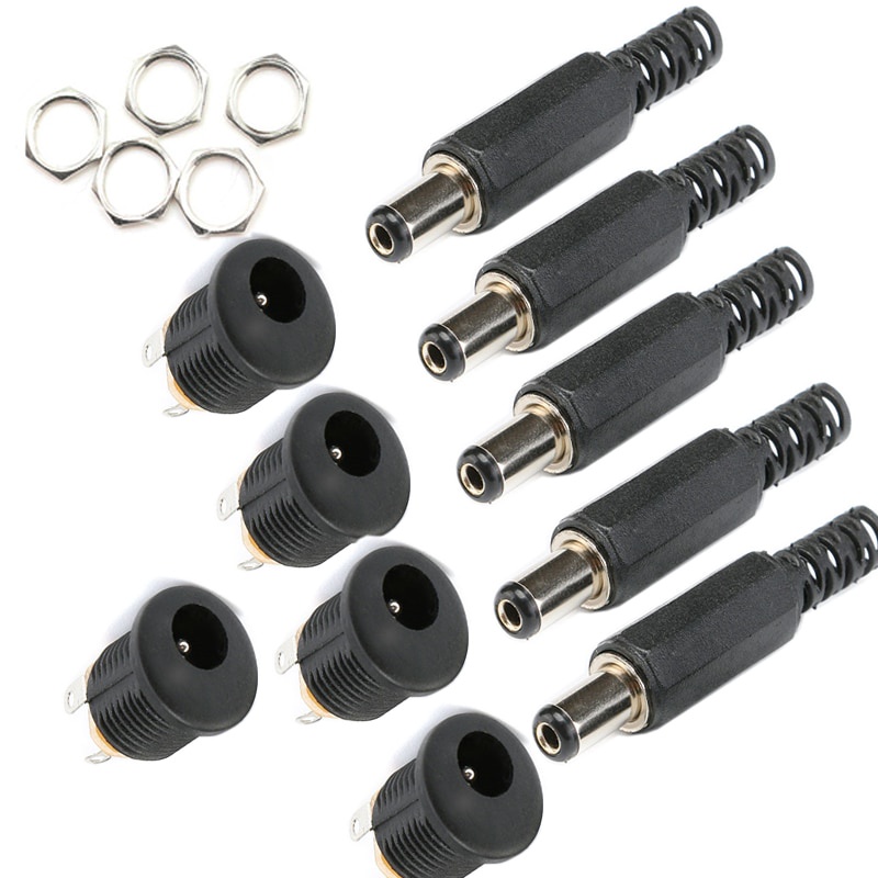 10PCS (5 คู่) 12V 3A 5.5*2.1 มม.พลาสติกปลั๊กชาย DC022 DC Power Socket หญิงแจ็คสกรู Nut แผง Mount Connector 5.5 x 2.1 มม.