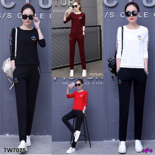 TwinsShopVip💗พร้อมส่ง TW7075  Set 2 ชิ้น เสื้อแขนยาวแต่งแถบสายรุ้งด้านข้าง+กางเกงขายาว