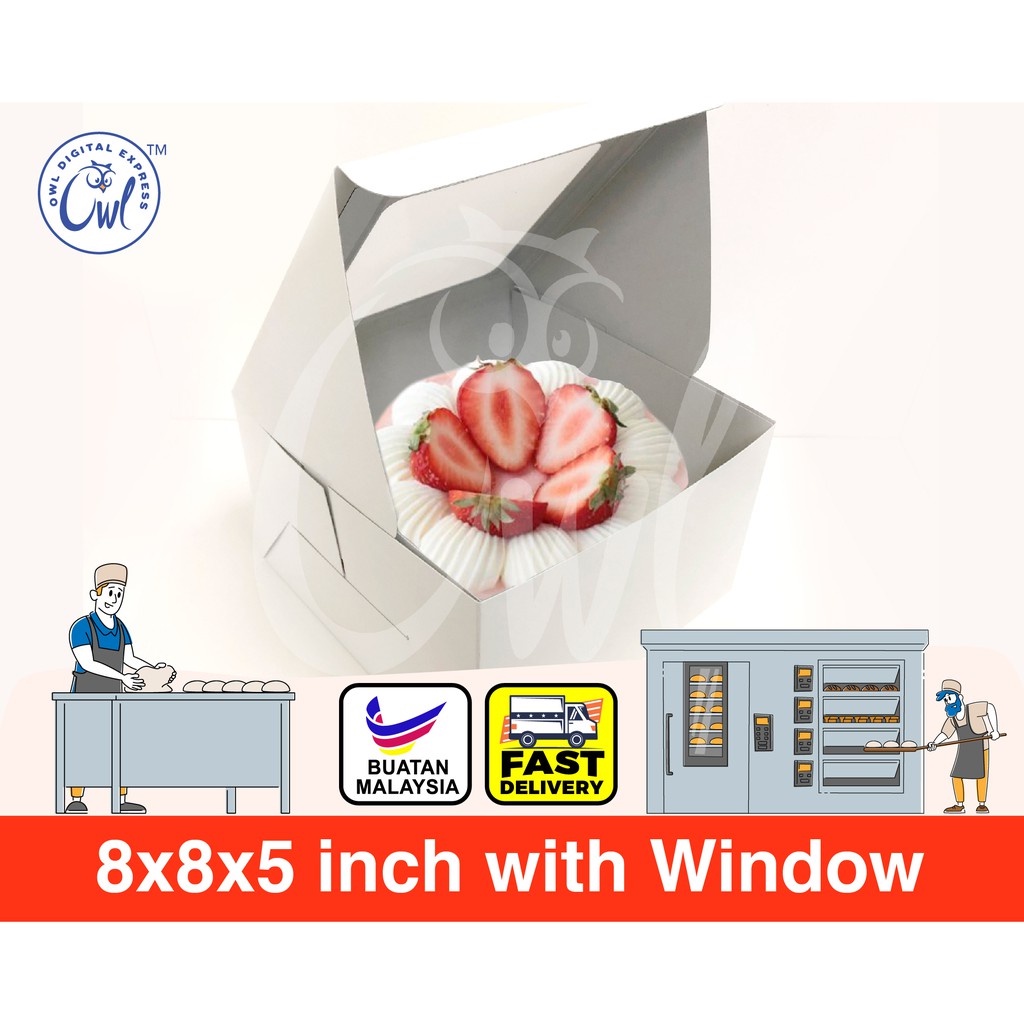 กล่องเค้กสีขาว หน้าต่าง ขนาด 8 นิ้ว X 8 นิ้ว X 5 นิ้ว / กล่อง Kuih ชั้น / กล่องถาด / กล่องพิซซ่า / บราวนี่ / แซนวิช