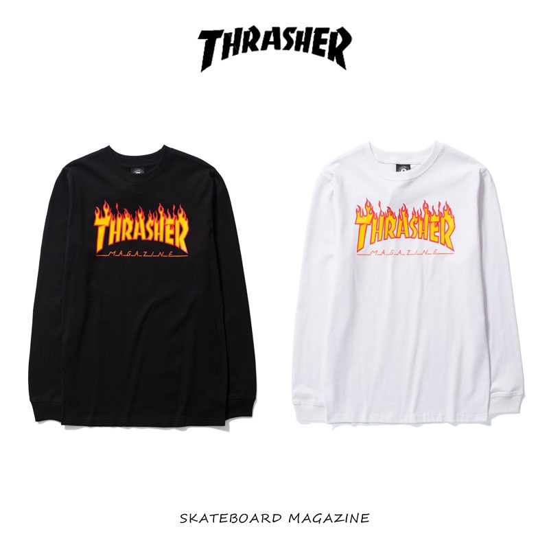 Thrasher Skateborad Mazagine Tshirt เสื้อยืดแขนยาวเปลวไฟสีเหลือง