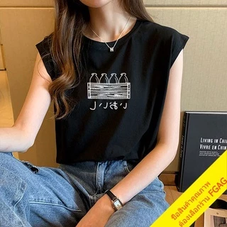 เสื้อยืดแขนกุดผู้หญิง Oversize เสื้อผ้าแฟชั่นวัยรุ่นน่ารัก สไตล์เกาหลี ลายสตรีท สวมใส่สบาย สีขาว M-XXL