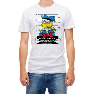 เสื้อยืดแขนสั้น พิมพ์ลาย Donald Duck Mugshot สีขาว สําหรับผู้ชาย JK407