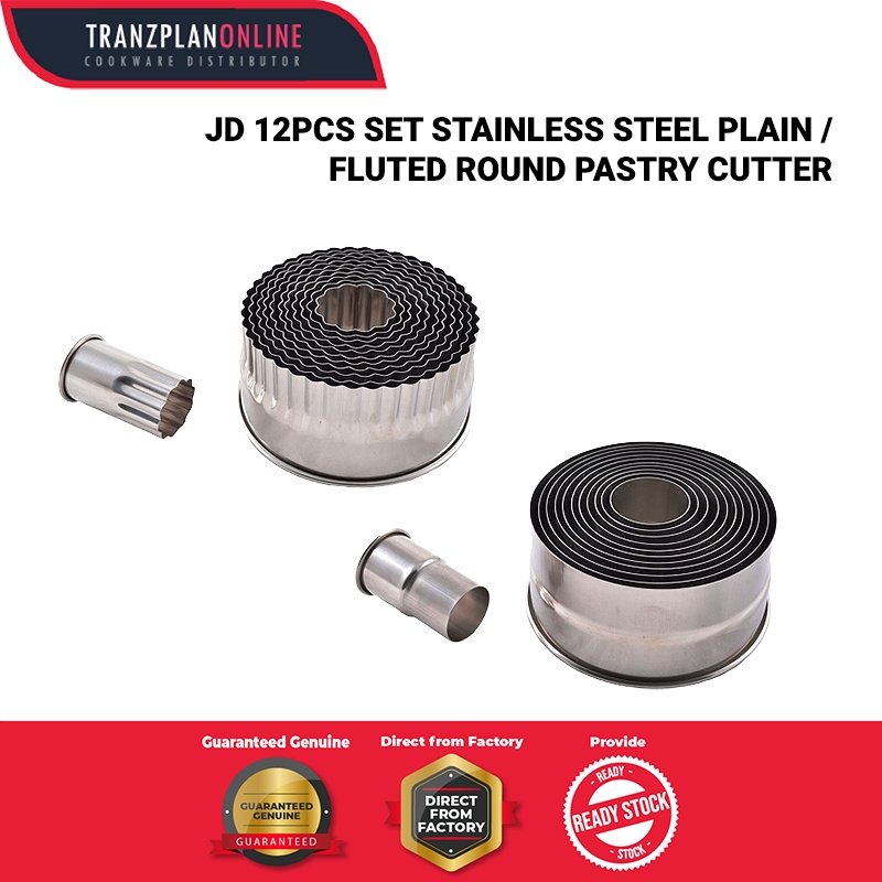 [Tranzplan] 12Pcs Set Stainless Steel Plain Fluted Round Pastry Cutter Cookie Cutter Sandwich Cutter