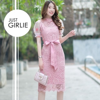 💕Dress Gracelyn💕ชุดเดรสผ้าลูกไม้ กระโปรงทรงเอ มีสายโบว์ผูกเอว มีไซส์SML