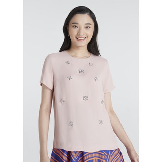 Jousse  Blouse จูส เสื้อเบลาส์สีเบจผ้าชีฟอง แต่งประดับดอกไม้ (JL3SPI)