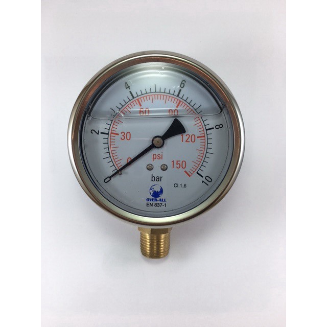 เกจแรงดัน 0-10 Barหน้าปัด 4″ ตัวเรือนสแตนเลส มีน้ำมัน  เกลียวทองเหลืองออกล่าง 1/2″