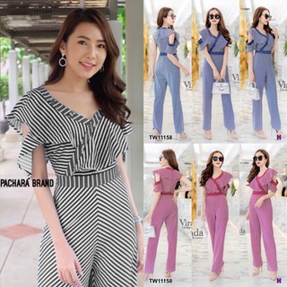 KT11158 Jumpsuit จั๊มสูทยาวทรงเว้าไหล่แต่งระบายแขน ขาทรงกระบอกตรง