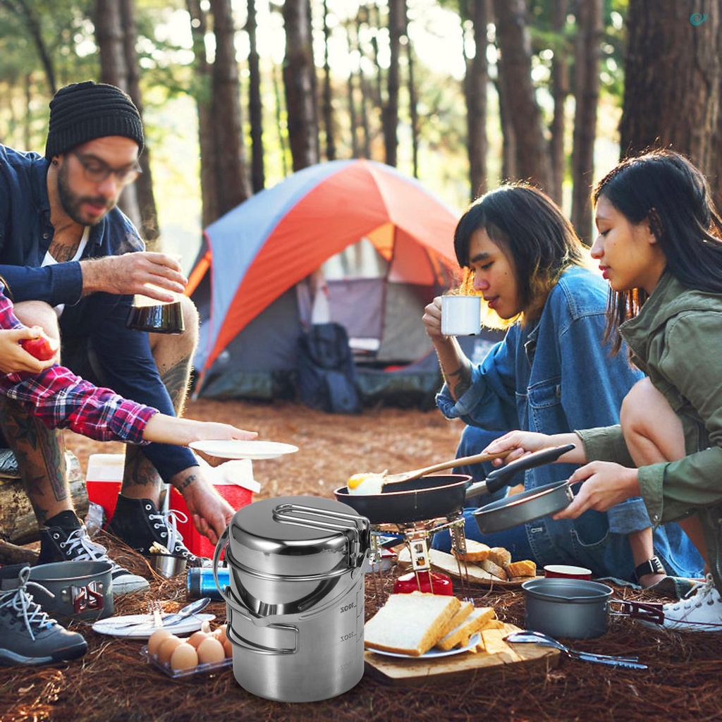 keresg 1L Stainless Steel Cooking Kettle Portable Outdoor Camping