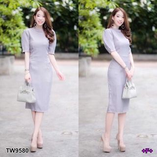 G9580 Maxi Dress เดรสยาวคอปีน แขนสั้น