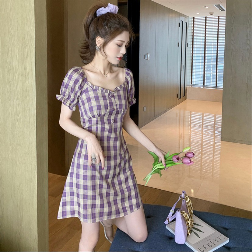 Korean เดรสสก๊อตเหนือหัวเข่า ทรงคอระบาย สั้นลายสก๊อต เนื้อผ้าโปร่ง ใส่สบาย แขนทรงตุ๊กตา ม่วง/ฟ้า 21