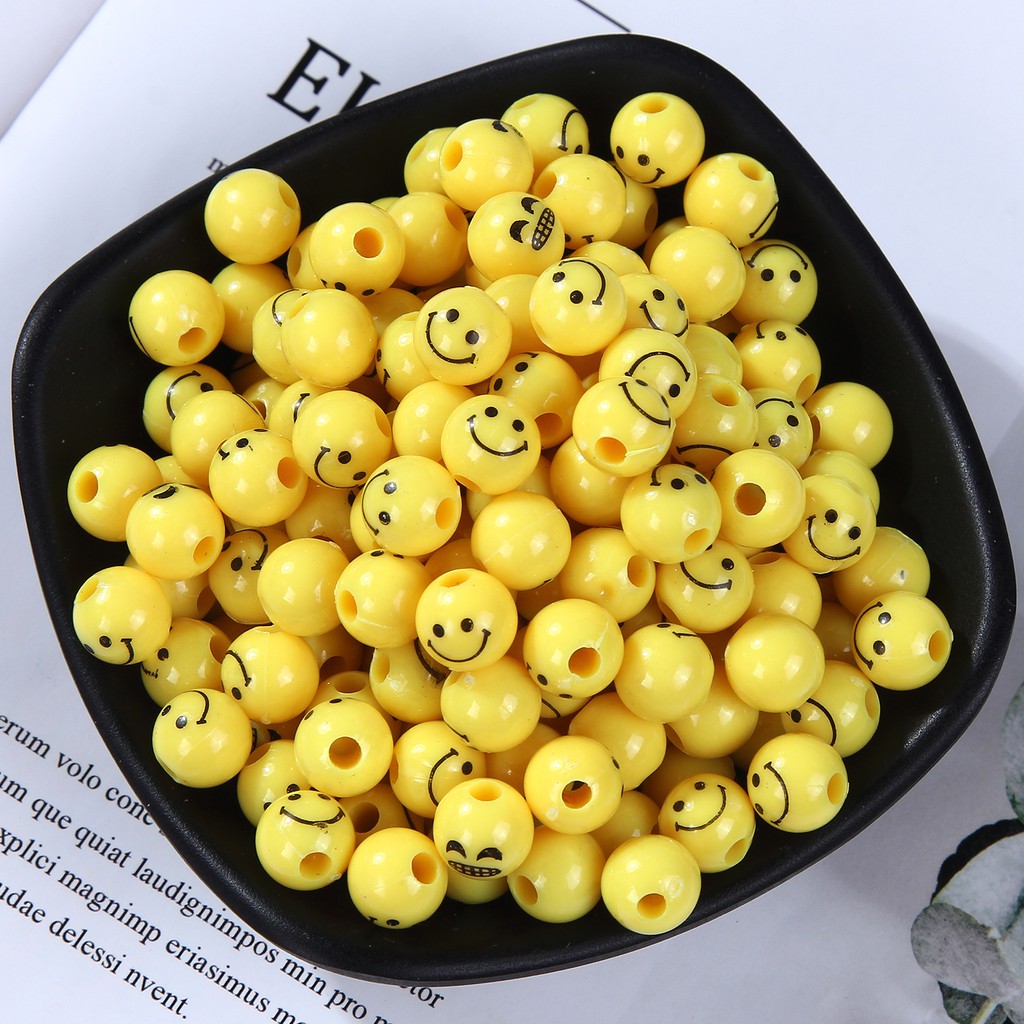 50ชิ้นหลวมลูกปัดลูกปัดอะคริลิสีเหลืองรอบหน้ายิ้มลูกปัดสําหรับเครื่องประดับ ทําเอง ทําสร้อยข้อมืออุปกรณ์เสริม