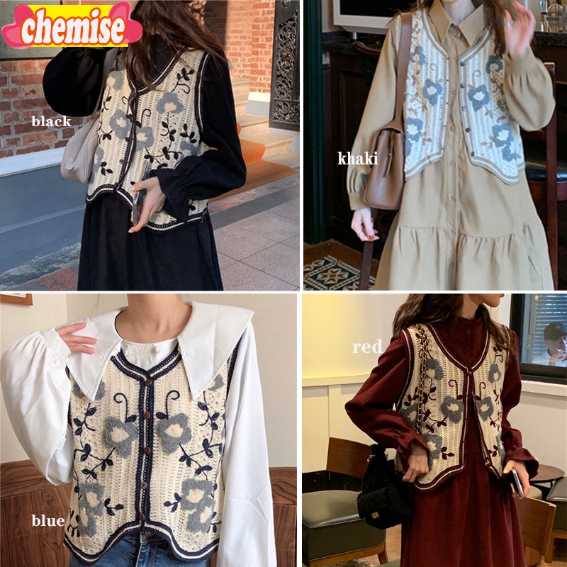 Chemisegrace C508 พร้อมส่ง เสื้อกั๊กเกาหลี เสื้อกั๊กถักไหมพรม ผู้หญิง แฟชั่น ปักลายดอกไม้ "New