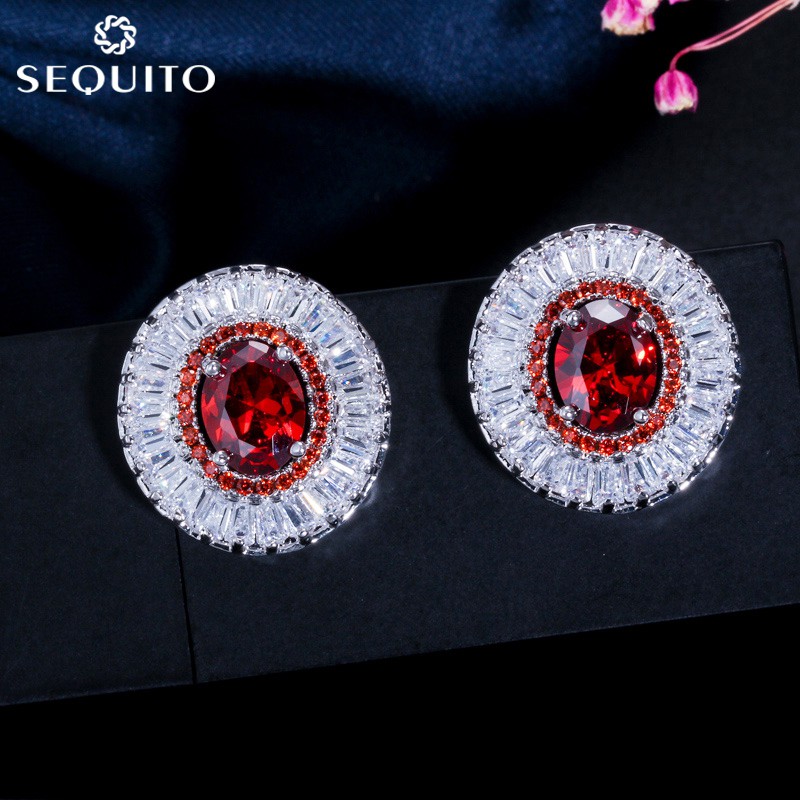 SEQUITO คุณภาพสูง Ruby Zirconia ต่างหูคริสตัลสีเงินต่างหูสตั๊ดกลมสําหรับผู้หญิงสีขาวเครื่องประดับ E0