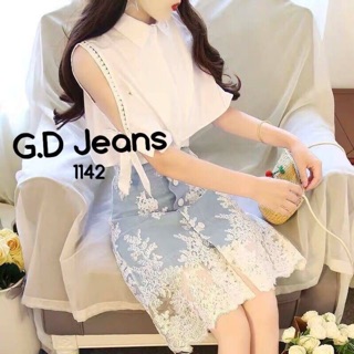 G.D. Jeans 1142 กระโปรงยีนส์ ติดลูกไม้เต็มตัว ผ้าดีมากคร่า