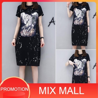 MixMall พร้อมส่ง ชุดเดรสสั้น แขนสั้น เดรสใส่สบาย Printed Loose Fit Korean Tee Dress *QUIN 4-09*