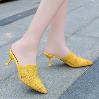 รองเท้าส้นสูง ทรงสวมงานถักเรียบหรู ดีไฮไซมาก Size 34-39 ส้นสูง 6 cm.