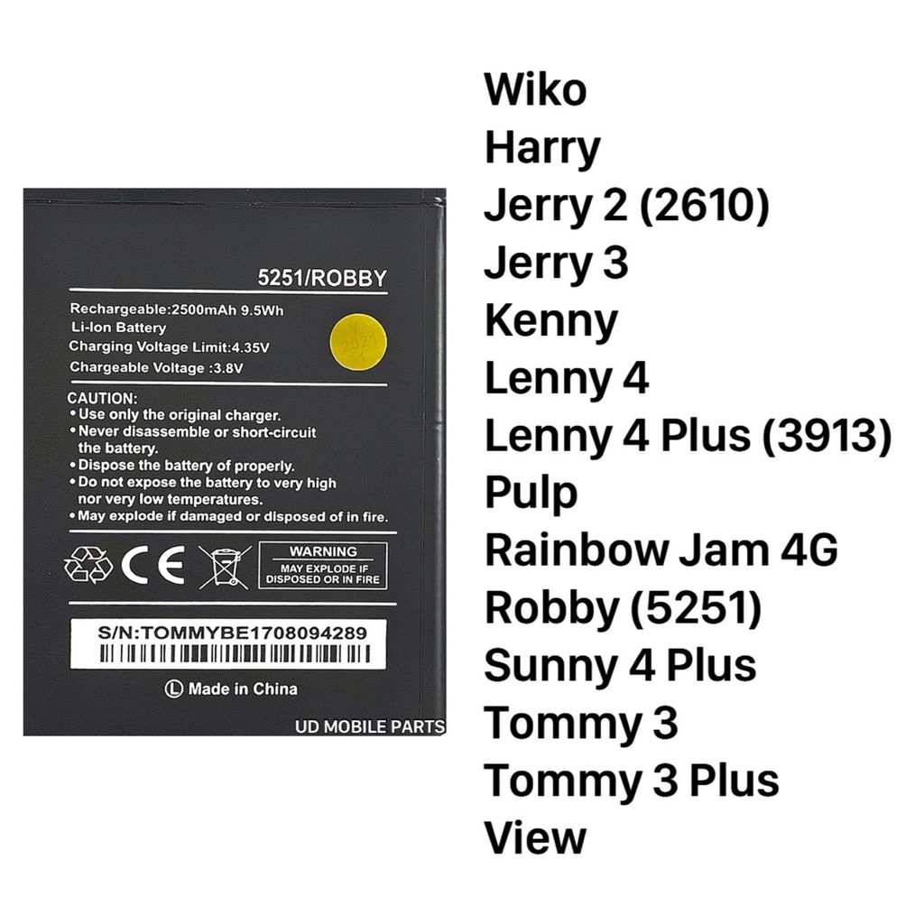 แบตเตอรี่ | Wiko Harry, Jerry 2 (2610), Jerry 3, Kenny, Lenny 4, Lenny 4 Plus (3913), Pulp, Rainbow Jam 4G, Robby (5251)