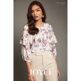 A0024 เสื้อ JOYCE ผ้าชีฟองเท็กเจอร์ดอกพิมพ์ลายดอกไม้ คอกลมดีเทลเจาะวีเสริมให้คอดูเรียวแต่งระบายรอบเพิ่มความโปร่งทำให้...