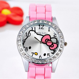 นาฬิกาข้อมือHello Kitty นาฬิกาข้อมือสําหรับเด็กผู้หญิงสายซิลิโคนติดประดับเพชร