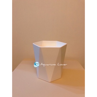 กระถางพลาสติกทรงหกเหลี่ยม สีขาว-สีเทา สูง 14.5 cm. กว้าง 10 cm.
